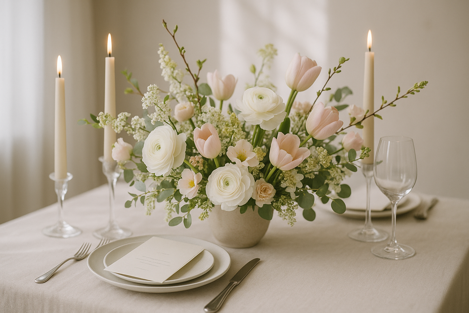 Svatební stůl s jarními dekoracemi, květinami v pastelových barvách a jemným osvětlením