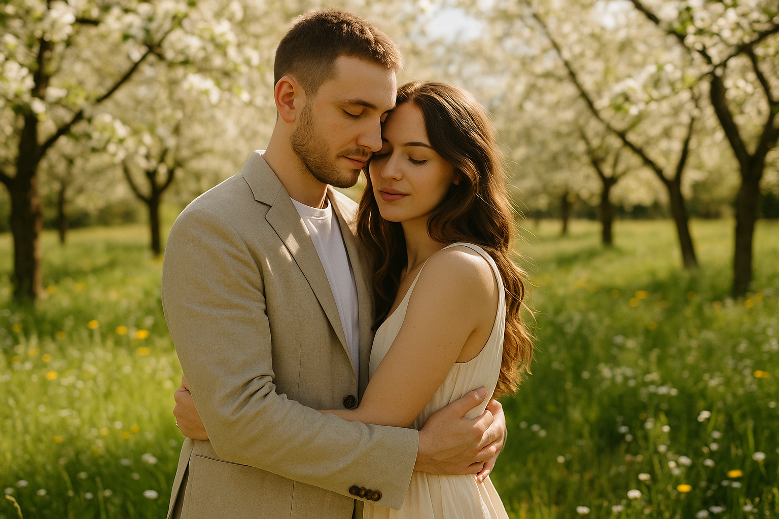 Nevěsta a ženich se drží za ruce v rozkvetlé jarní zahradě s jemným slunečním svitem