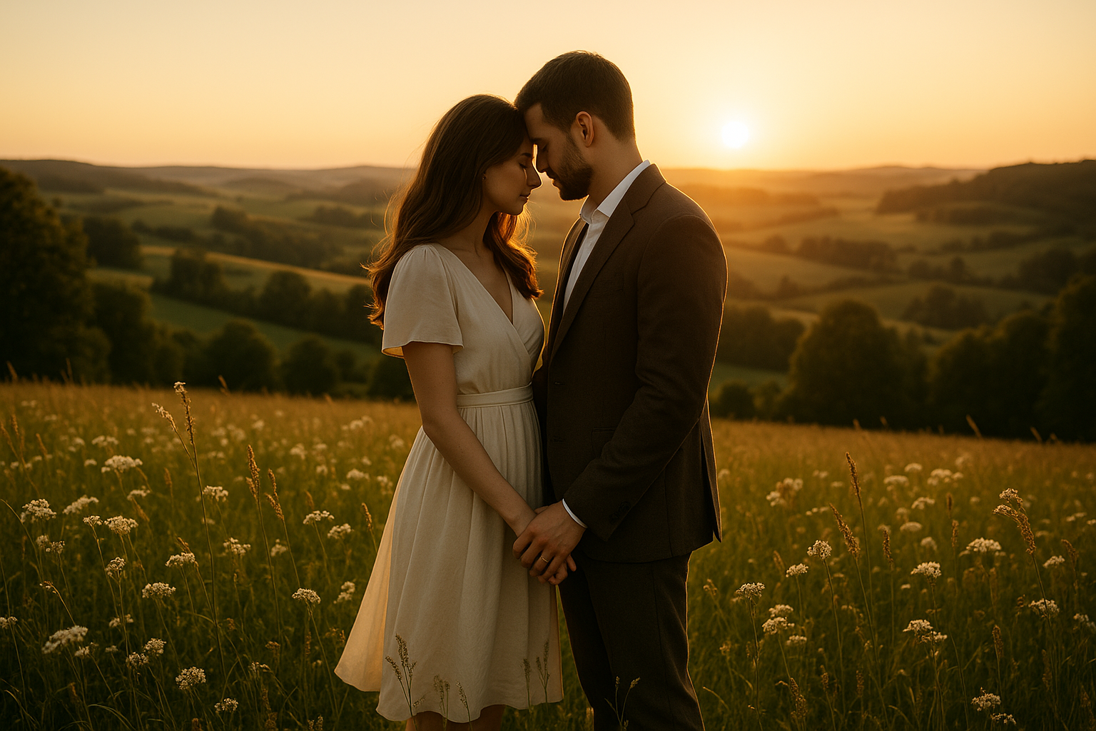 Pár objímající se na louce při západu slunce na Vysočině