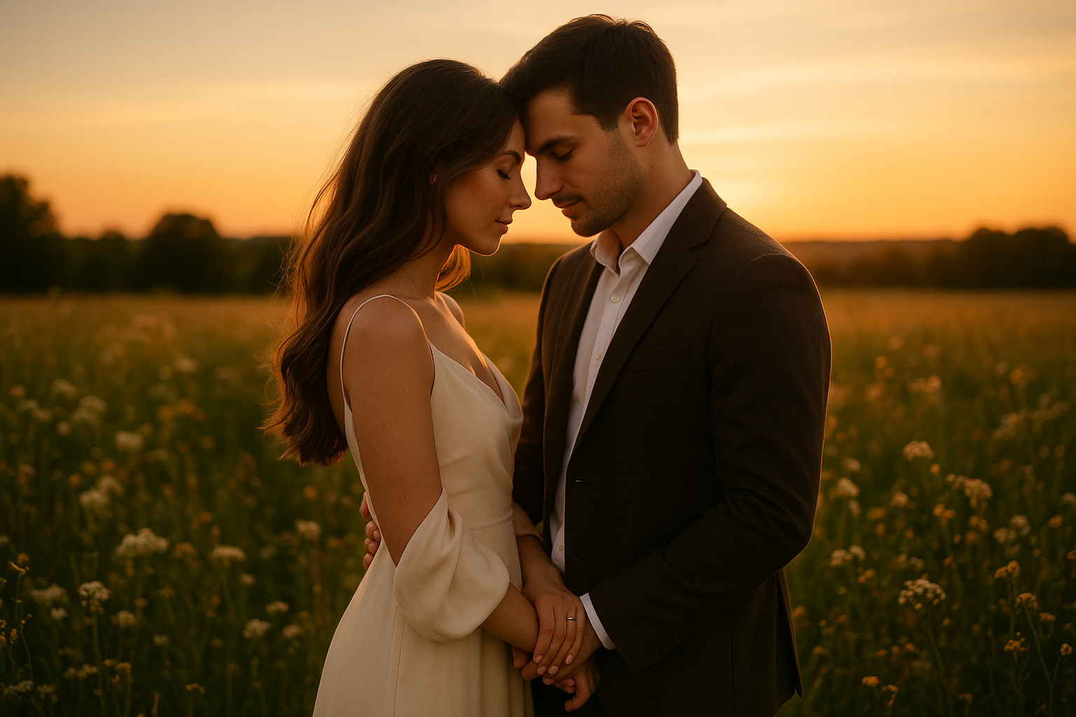 Novomanželé se drží za ruce v západu slunce na louce