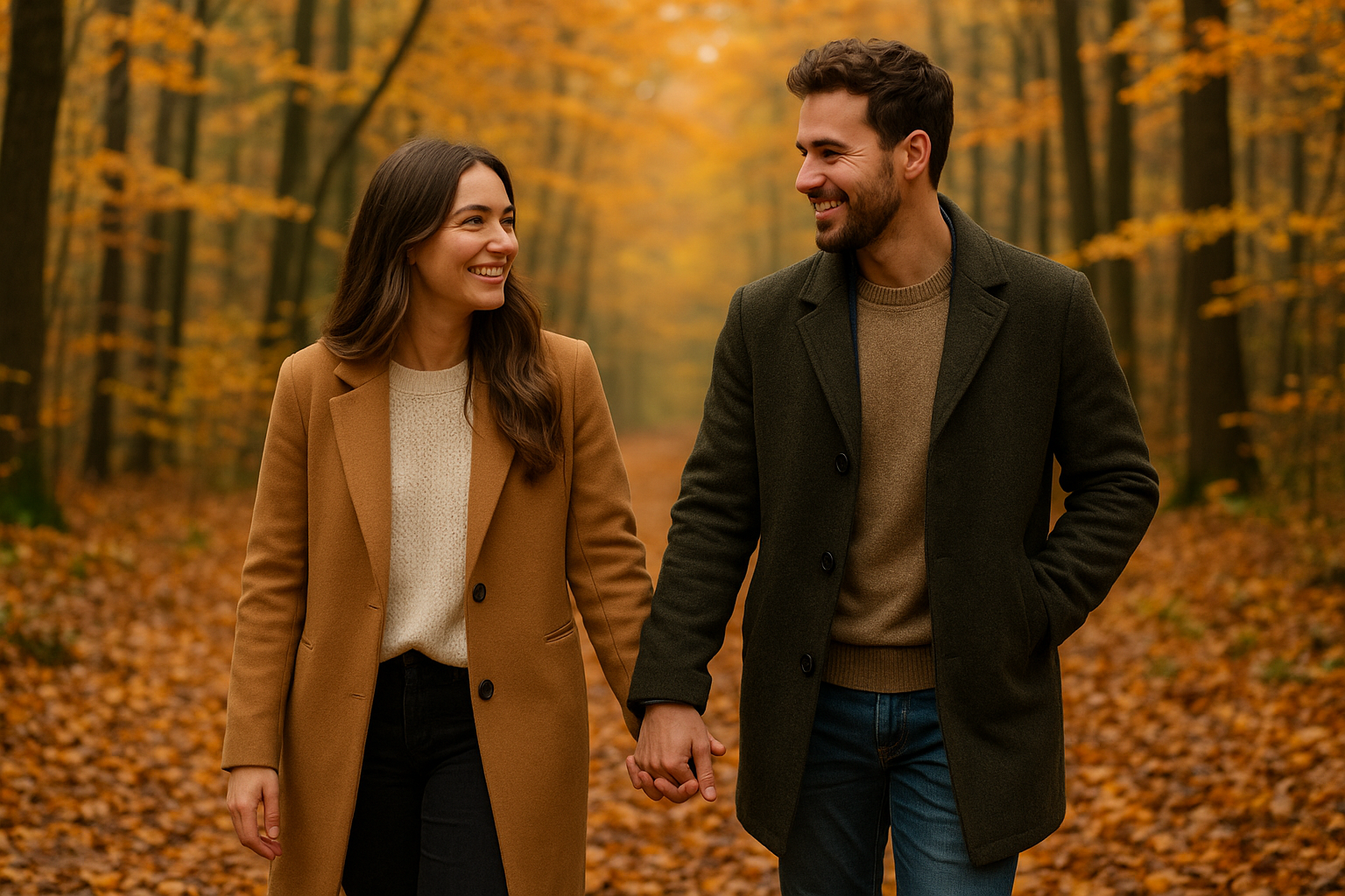 Pár v podzimním lese na Vysočině, drží se za ruce