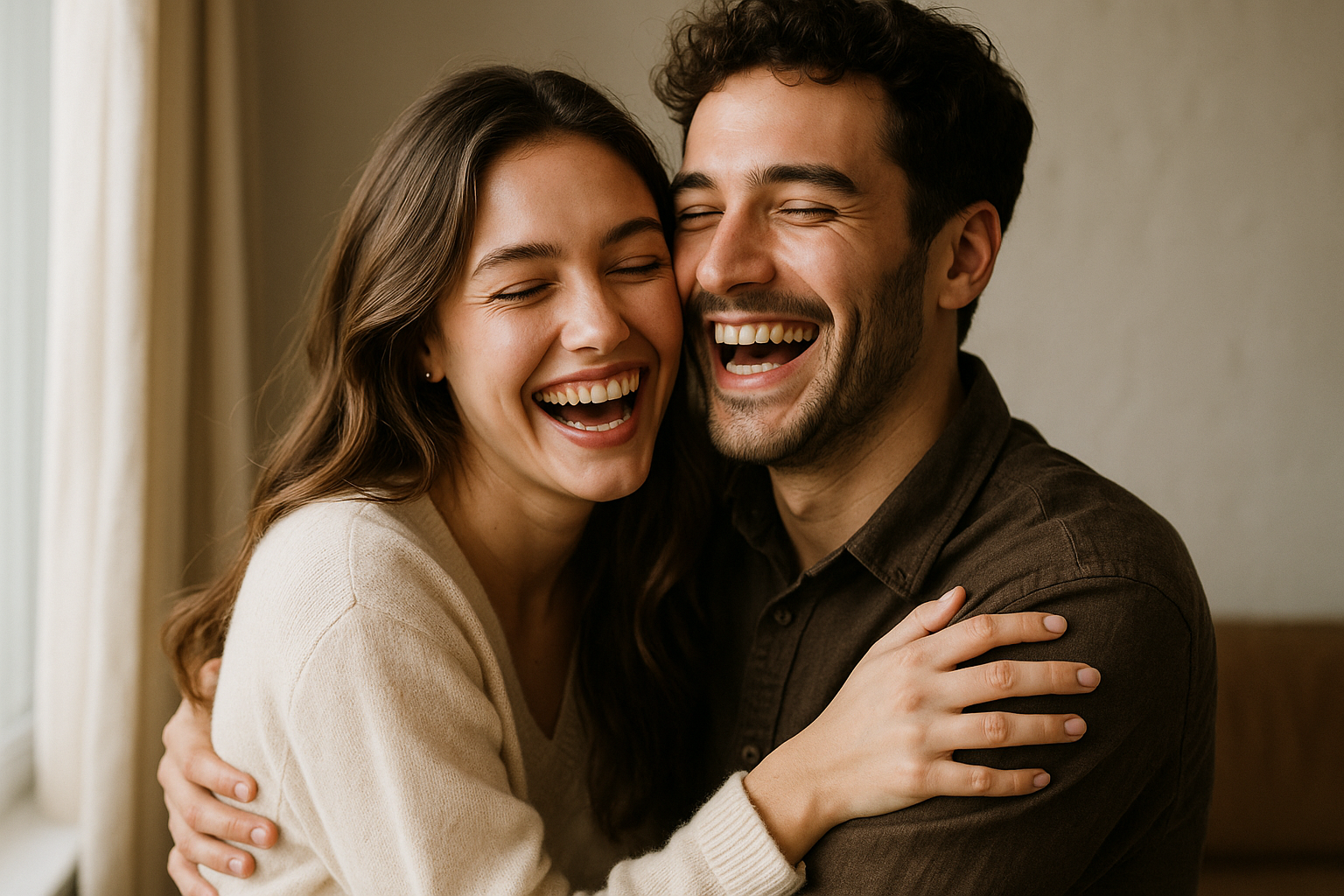 Šťastný novomanželský pár s úsměvem, zachycený v momentu radosti a smíchu