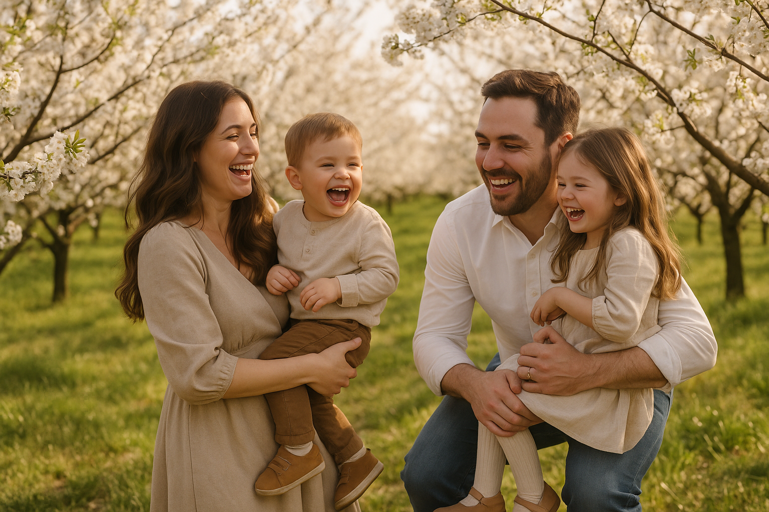 Rodina s dětmi se směje a hraje si v rozkvetlé jarní přírodě
