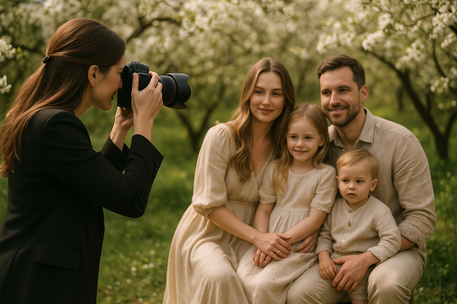 Rodina v jarní zahradě