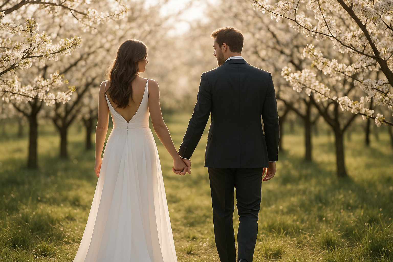 Svatební pár v rozkvetlém jarním sadu