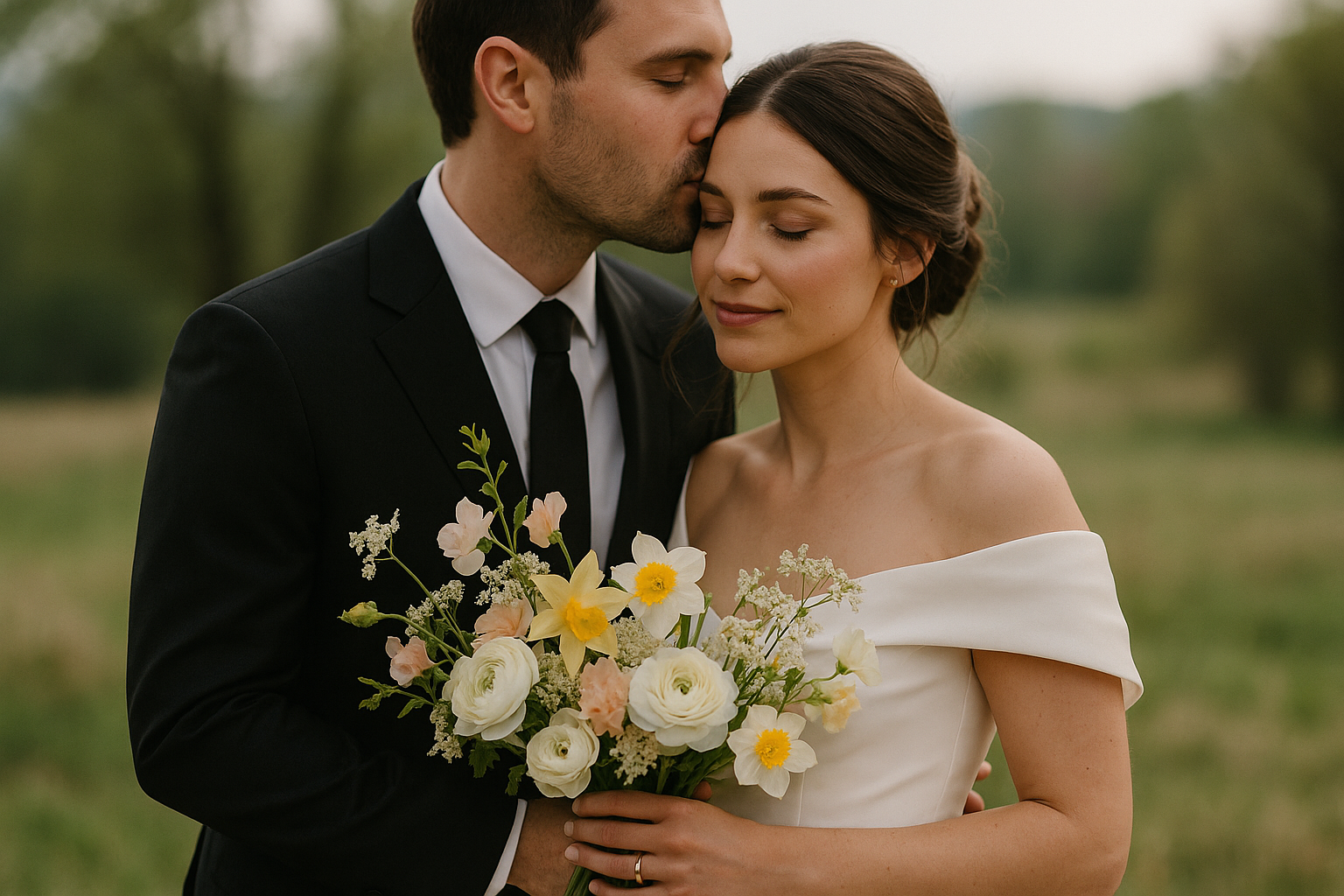 Svatební pár v objetí s kyticí jarních květin