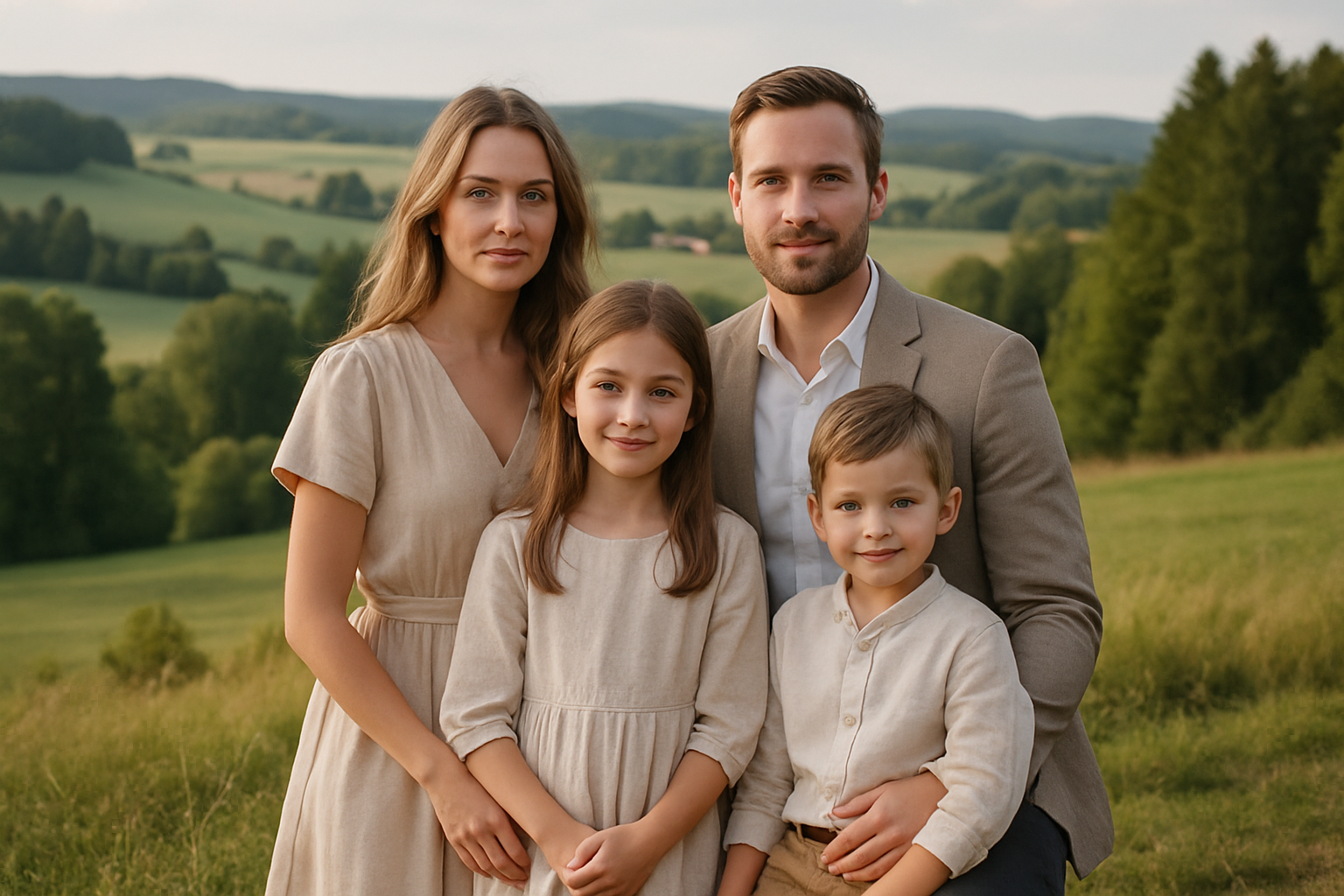 Téma: Rodina na Vysočině
Rodina pózující v přírodě na Vysočině.