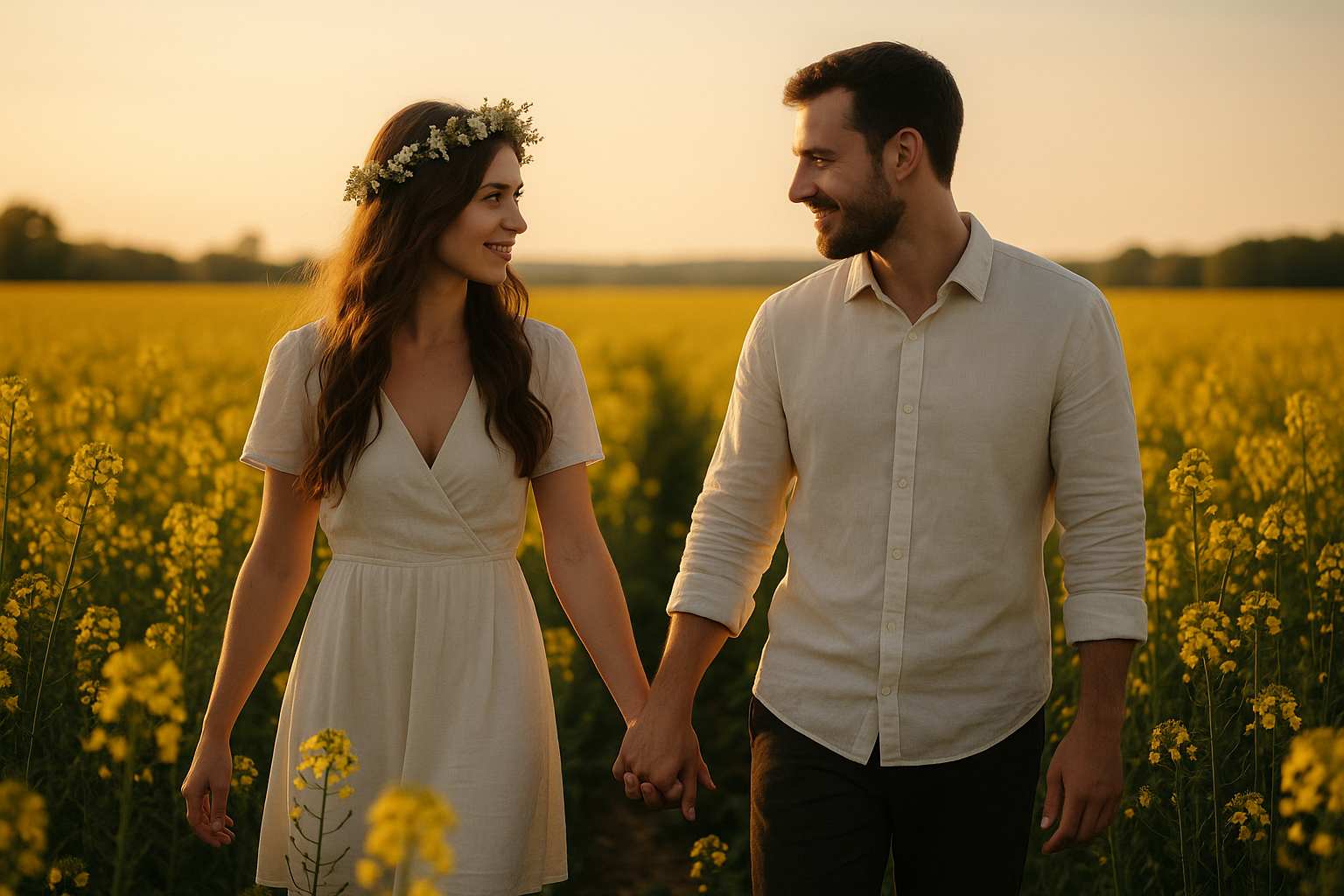 Zamilovaný pár se drží za ruce a prochází se rozkvetlým řepkovým polem